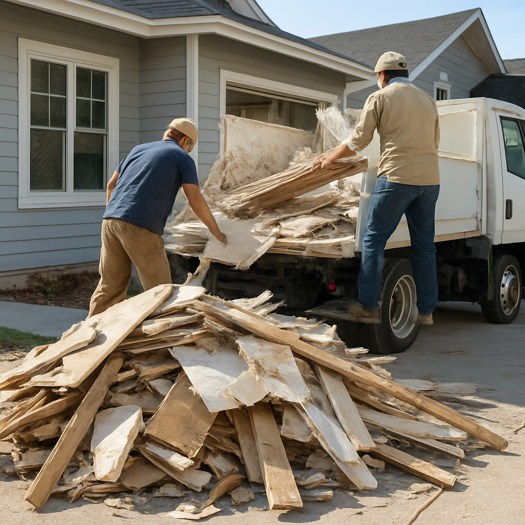 Construction debris removal example with wood and drywall being hauled away in Bergen County NJ